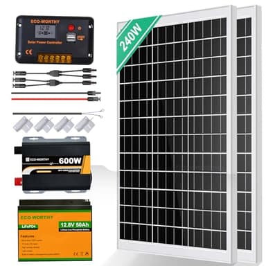 ECO-WORTHY Kit complet de système solaire 240 W installation îlot sans réseau pour camping-car : 2 pièces panneau solaire 120 W + régulateur de charge 30 A + 1 batterie au lithium 50 Ah + onduleur