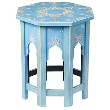 MARRAKESCH Table d'appoint en bois 47 cm - Tabouret boufa bleu - Décoration orientale