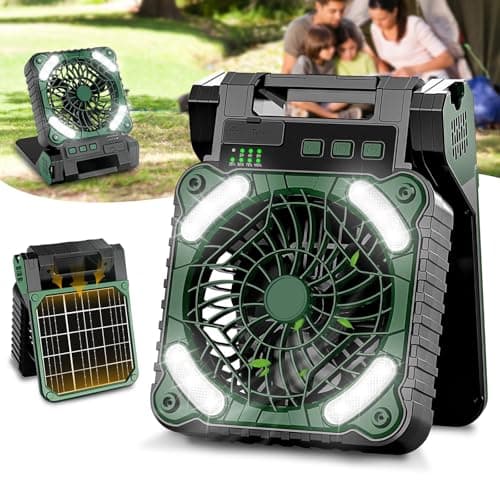 AKOFIC Ventilateur Solaire, Ventilateur Camping Rechargeable 10400 mAh, Ventilateur Tente Portable avec Lumière LED, Minuterie, 4 Vitesses, Ventilateur Batterie Extérieur Puissant et Silencieux