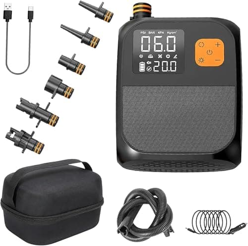 Pompe Paddle Electrique,Pompe à air électrique Rechargeable 20PSI Gonfleur Sup, avec 1 Ports USB lumières LED et 6 Buses Gonflage en Deux étapes Pompe à air sans Fil pour Kitesurf, Tente, Matelas