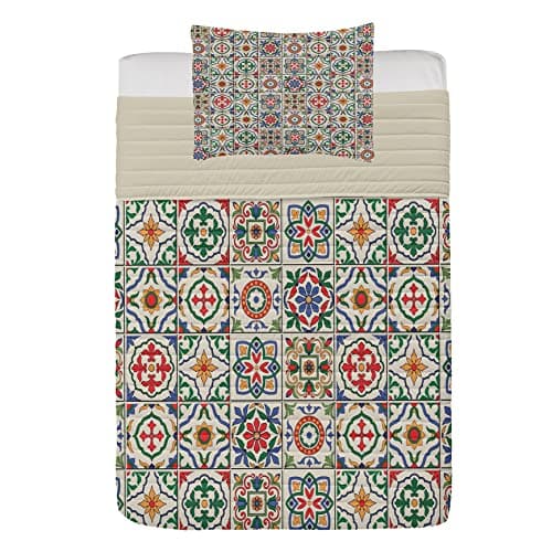 ABAKUHAUS marocain Ensemble de Couvre-lit en Microfibre, Résumé Feuille d'ornement, Ensemble de Linge de lit Doux avec Couvre-oreillers et Couette, 170 cm x 220 cm, Vert Rouge
