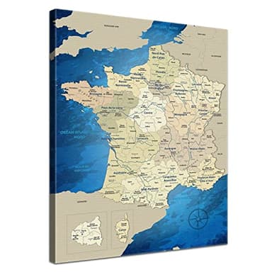 LanaKK - Image sur Toile France Blue Ocean Carte de la France - français - avec Panneau arrière en liège pour épingler Destinations de Voyage - avec Impression en Bleu, en 40 x 60 cm