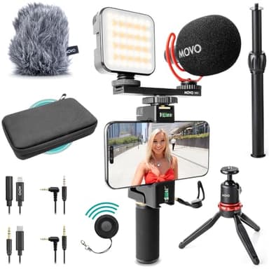 Movo iVlogger-Pro Kit de Vlogging pour iPhone/Android – Kit de Démarrage Youtube pour Créateurs de Contenu – Accessoires : Trépied pour Téléphone, Support pour Téléphone, Lumière RGB et Micro VXR10