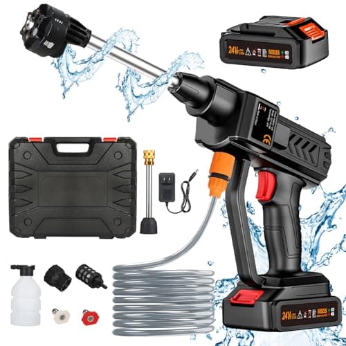 Nettoyeur Haute Pression Buse 6 en 1, 260 PSI Nettoyeur Haute Pression sans Fil avec 2 Batteries, Nettoyeur Haute Pression Batterie avec Tuyau, Pot en Mousse, Adapté pour Nettoyer Les Voitures, Sols