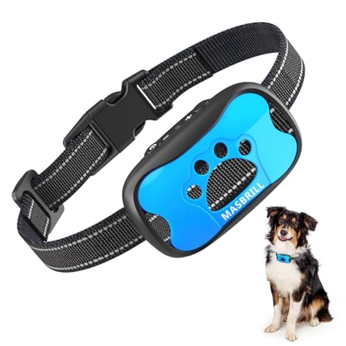 MASBRILL Collier Anti Aboiement pour Moyenne Grande Chiens, Collier Anti Aboiement Chien avec 2 Modes Ajustables Son/Vibration 7 Niveaux de Sensibilité, Efficace et Humain, Bleu