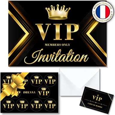 Kit de 10 cartes invitation en français pour anniversaire/fête sur le thème VIP pour 10 invités (KIT=10 cartons d invitation + 10 enveloppes + 11 cartes membre + 10 stickers). De 6 ans à 99 ans !