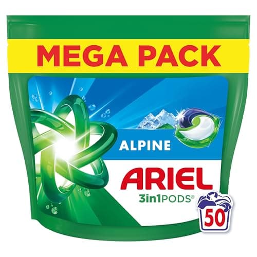 Ariel 3en1 PODS Alpine, 50 Lavages, Lessive Capsules Anti-Taches, Élimination Impeccable des Taches en Un Seul Lavage, Parfum Frais de Montagne, Dissolution Rapide Même à Froid, Fabriquée en France