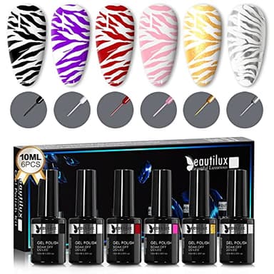 Beautilux Liner Vernis Gel, 6 Couleurs 10ml Noir Blanc Rose Rouge Or et Argent Pailleté Liner Vernis à Ongles Gel pour French Manucure