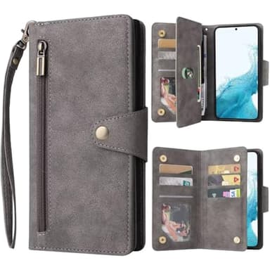 ATISIJIE Etui Coque pour Samsung Galaxy A54 5G, Etui Portefeuille en Cuir PU Durable avec Béquille, Protection Case avec Porte-Cartes Magnétique Flip Cover Lanyard Wristlet Zipper Gris