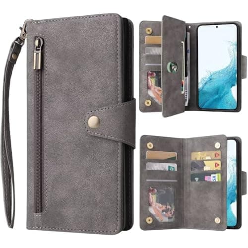 ATISIJIE Etui Coque pour Samsung Galaxy A54 5G, Etui Portefeuille en Cuir PU Durable avec Béquille, Protection Case avec Porte-Cartes Magnétique Flip Cover Lanyard Wristlet Zipper Gris