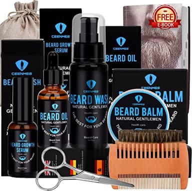 Kit Soin Barbe Homme Avec Huile à Barbe, Sérum de Croissance, Lavage, Baume, Brosse, Peigne, Ciseaux à Barbe