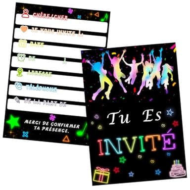 Bomtop 12 Cartes d'Invitation Anniversaire Thème Néon, Invitations de Fête, Garçon Fille Enfant Fête Anniversaire pour Glow Invitation Créative