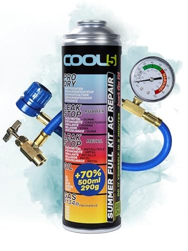 COOL5 5in1 - Kit de réparation climatisation, remplacement du réfrigérant R134a avec huile, pour la recharge de la climatisation des voitures 1995-2016 + tuyau de mesure + nettoyant universel 500ml