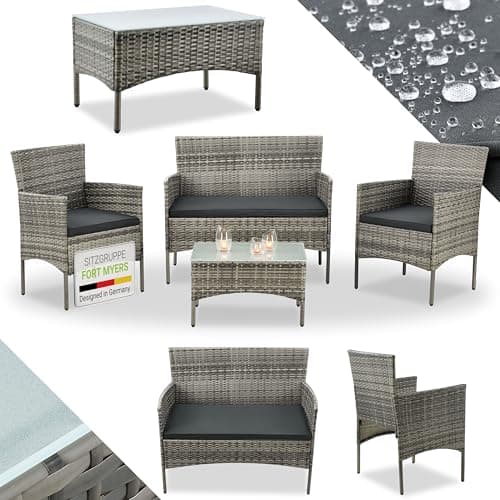 Juskys Ensemble de Meubles en polyrotin Fort Myers 4 Personnes avec canapé 2 Places, 2 chaises, Coussins de Table et de siège, Couvertures Gris chiné et Gris foncé, Milieu