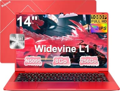 Ordinateur Portable 14 Pouces Celeron N5095 (jusqu'à 2,9 GHz) Win11 8Go 256Go SSD Extension1To 5G WiFi 1920x1080HD PC Portable avec Souris sans Fil QWERTY Clavier avec AZERTY Membrane Clavier - Rouge