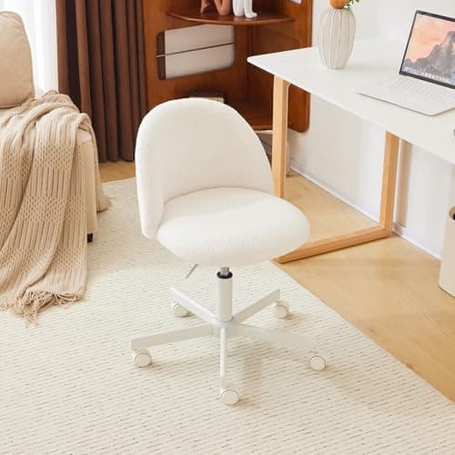 Bonnlo Chaise de Bureau Mignonne sans Accoudoirs, Petite Chaise Confortable, Chaise de Coiffeuse avec Support Lombaire, Chaise Pivotante Réglable pour Bureau, Chambre, en Teddy (Blanc)