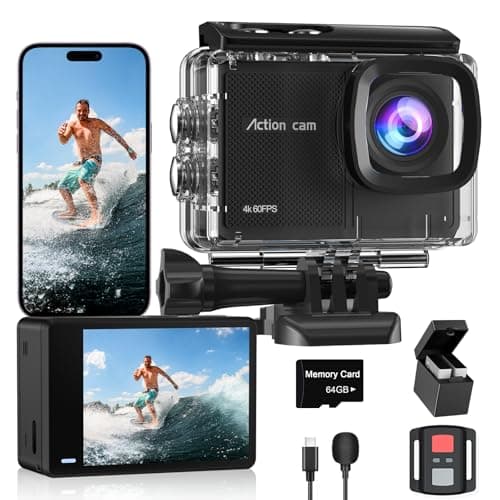 Caméra Sport 4K 60FPS avec Micro SD 64GB,8X Zoom 131ft Caméras Étanche,48MP Caméra d'action EIS,170° Caméra sous-Marine Télécommande WiFi 2 * 1350 mAh Divers Accessoires