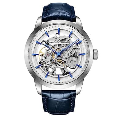 Pagani Design Classique Fashion Montre mécanique Automatique Squelette pour Hommes Bracelet en Cuir Acier Inoxydable Montre étanche Business Analogue Sports à remontage, Bleu