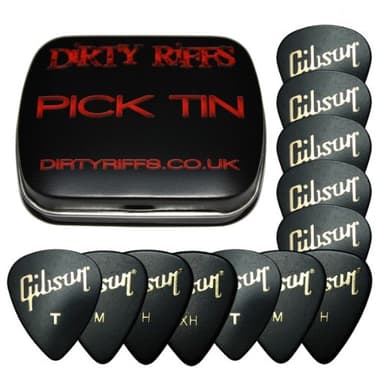 Gibson Lot de 12 médiators pour guitare Gibson Standard dans une boîte métallique - 3 de chaque taille