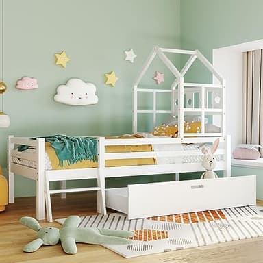 Sweiko Lit d'enfant 90x200 cm avec échelle et tiroirs, Cadre de lit avec Lattes, lit loft en Bois Massif avec Protection antidérapante,Blanc (sans Matelas)