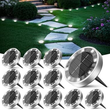 Peasur Lampe Solaire Au Sol Lot de 12, Lumiere Solaire Exterieur Jardin 8 LED, Étanche Spot Solaire Extérieur pour Chemins Allée Pelouse Terrasse Cour Piscine[Blanc Froid]