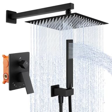 KES 3-Fonction Kit de Douche Système de Douche avec Pomme de Douche de 30,5CM Comprenant Corps de Vanne Brut et Système de Douche Avec Mitigeur Trim Carré Noir Mat, X6230S12-BK