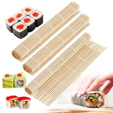 VMUTGA 3 Pièces Natte Sushi, 24 X 24Cm Sushi Roll Mat Bamboo, Rouleau a Sushi, Bambou Sushi DIY Kit, Tapis Sushi Réutilisable, pour Cuisine, Fête, Débutants, Professionnels