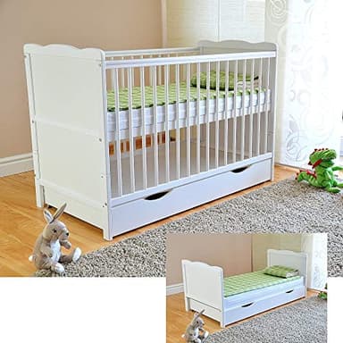Lit bébé avec tiroir Lit bébé avec Matelas en Mousse Aloe Vera des Rails de Protection Réglables en Hauteur Blanc Transformable en lit Enfant
