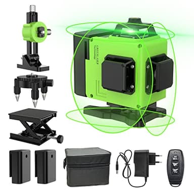 Niveau Laser 360°x 4, Autonivelant Niveau Laser Vert Chantier à Ligne Croisée Verticale et Horizontale 3D, IP54, avec Sac de Protection et 2 Piles AA