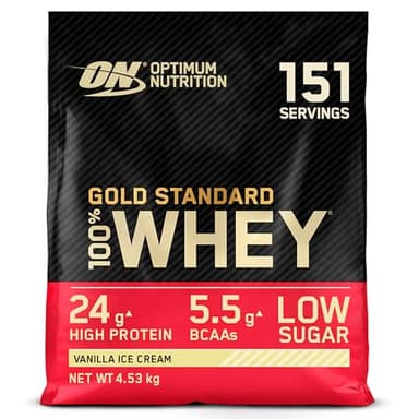 Optimum Nutrition Gold Standard 100% Whey, Poudre de Protéines pour Construction et Récupération Musculaire, avec Glutamine et Acides Aminés BCAA Naturels, Crème Glacée Vanille, 151 Portions, 4,53 kg