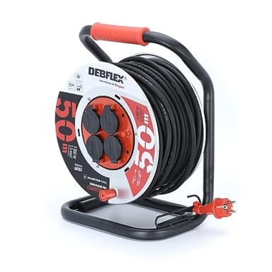 DEBFLEX - Enrouleur HO7RN-F 3G1,5 mm² - Enrouleur Electrique avec Rallonge Electrique 50m + 4 Prises Etanches IP44 - Avec Guide Câble + Blocage Touret - PVC + Metal - Noir