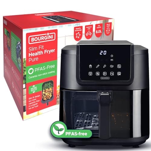BOURGINI Air Fryer avec Revêtement Céramique Pro, Sans Substances Nocives (sans PFAS, C6, PFHxA, PTFE, PFOA et BPA), pour un foyer sans polluants éternels (Noire - 8 Litres)