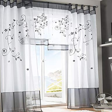 SIMPVALE Rideaux Voilages Floral Voile Broderie a Pattes Panneaux de Fenêtres pour Chambre Salon Décoration 2 Panneaux, Gris, L140cm x H145cm
