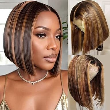 13x4 Lace Frontal Perruque Femme Naturelle Brésilien Straight Lace Wig 8 Pouces Virgin Human Hair Courte Lisse Perruque Cheveux Humain Highlight Ombre 4/27 Courte