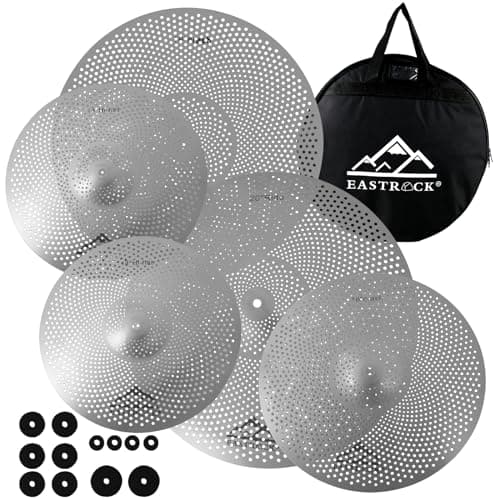 EASTROCK Lot de 5 cymbales à faible volume - 14" Hi-Hat + Crashes de 40,6 cm et 45,7 cm + Ride de 50,8 cm avec sac de cymbale et feutres