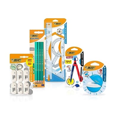 BIC Kit De Fournitures Scolaires Pour Enfant Avec 1 Compas D’apprentissage, 3 Instruments De Géométrie, 10 Crayons Graphite, 1 Taille-crayon et 6 Gommes - Pack de 21