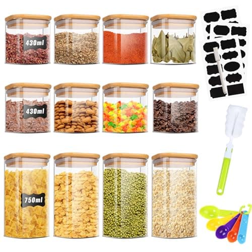 TAVADA Bocaux en Verre Lot de 12, 430ml/750ml, avec Couvercle, Pots de Rangement Cuisine pour Épice, Spaghetti, Café, Céréales