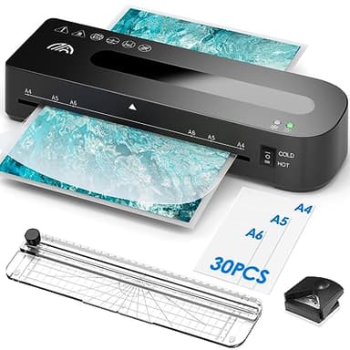 Plastifieuse A4,Plastifieuse 4 en 1 avec 30 Feuilles de Machine à Plastifier pour A4/A5/A6 Réchauffement Rapide, Ensemble de Plastification à Chaud et à Froid avec Coupe-papier, Arrondisseur d'angle