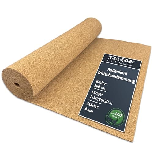 1 m² | Isolation phonique TRECOR Rouleau en liège – Épaisseur 4 mm – Isolation acoustique naturelle et écologique pour sols stratifiés et parquets – 1 m²