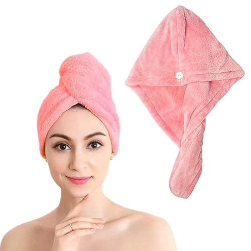 Shakeel Serviette Microfibre Cheveux | Serviette Microfibre Cheveux Bouclés Super Absorbants, Serviette Cheveux Sechage Rapide avec Boutons, Serviette Microfibre Anti-Frisottis, Rose