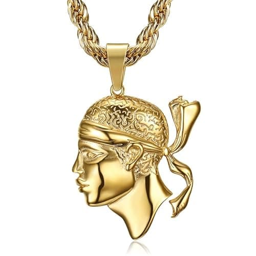 BOBIJOO Jewelry - Grand Pendentif Corse Tête de Maure Corsica Acier Or Collier Chaîne Doré Plaqué 316L