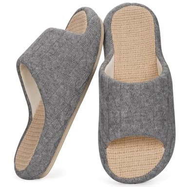 Chaussons en Lin Femmes Confortables Pantoufles Antidérapantes Léger Bout Ouvert Chaussures pour la Maison Mémoire Foam Plats Intérieur Cozy Slippers, Gris, 37/38 EU, Étiquette 38-39