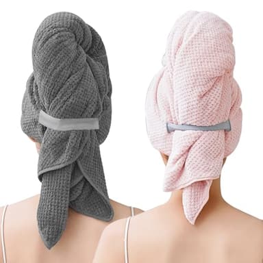 LLTLGF 2 pièces Grande Serviette Microfibre Cheveux Longs, 103 x 60 cm Turban Cheveux Premium avec Bande élastique/Séchage Rapide Super Absorbant，Sèche-Cheveux Design Gaufré,pour Cheveux Longs