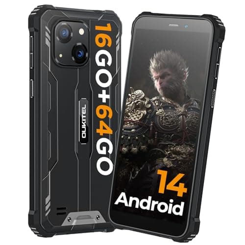 OUKITEL G2 Téléphone Portable Incassable Android 14, 16Go+64Go/1To TF Smartphone Incassable, 6300mAh Batterie, 13MP Caméra, 6.0" HD+ Telephone de Chantier, Dual SIM/Fingerprint/OTG/GPS, Noir