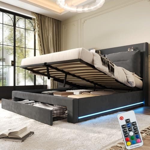 Lit 140 x 190 avec Sommier LED et Tiroirs, Lit Coffre 140 x 190 avec Rangement et Tete de Lit, Lit Double avec à Lattes Lit, Lit Rembourré Cadre de lit 140x190, Velours Gris Foncé(sans Matelas)