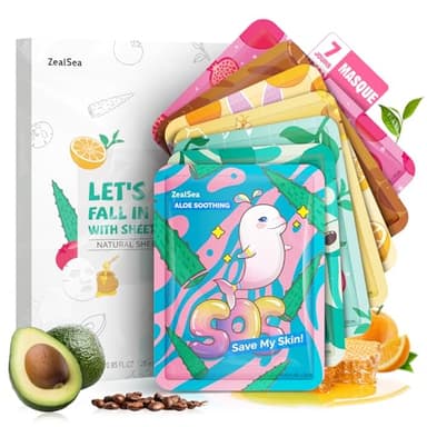 Masque Visage, Masque Hydratant Visage, Masque Visage Femme, ZealSea Naturel Soins pour le Visage, Beauté Kawaii Masque Tissu Visage pour Enfant Fille pour l'anniversaire & Pyjama Party, 7 Unité
