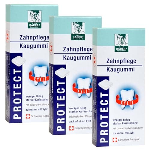 Les soins dentaires PROTECT de BADER en pharmacie. Moins de plaque dentaire, des dents plus blanches. Sans sucre avec 100% de xylitol. 3 x 20 carrés de chewing-gum sous blister.