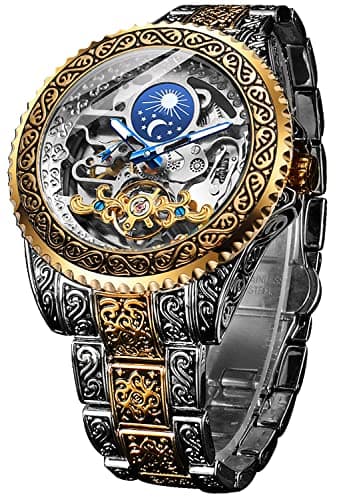 FORSINING Montre rétro pour homme sculptée à remontage automatique - Tourbillon - Phase de lune - Secondes indépendantes - Squelette automatique - Grand cadran, doré, Sangle