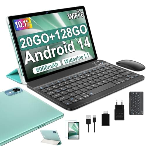 Tablette 10 Pouces Tablette Android 14 tablette tactile 20GO RAM + 128GO ROM (1tb TF) Widevine L1/ 5GWiFi 6/ Bluetooth 5.0/Octa-Core Tablette avec Clavier et Souris + Assurance écran d'un an-Vert