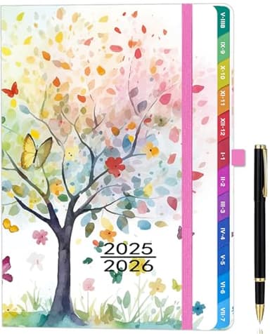 Agenda 2025-2026 Semainier A5 – Planificateur Hebdomadaire & Mensuel avec Onglets, Pages en Couleur, Couverture en Cuir PU, Pochette de Rangement et Stylo (Août 2025 - Juillet 2026) - Arbre de vie